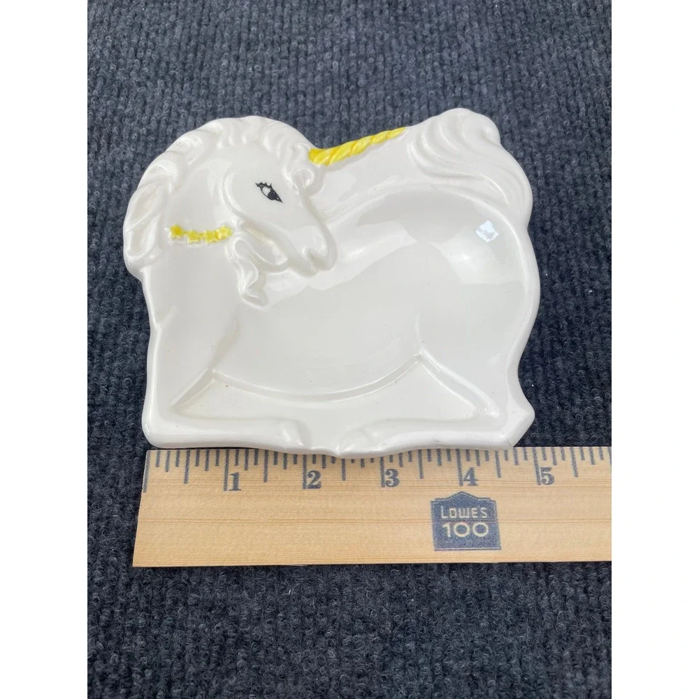 Vintage Japan Ceramic Unicorn Trinkical Dish White Yellow Figural Catchall Tray